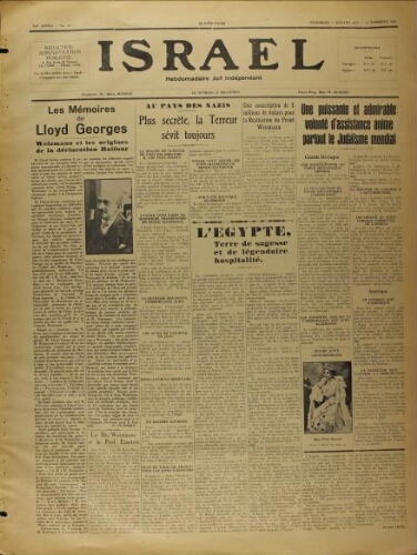 Israël : Hebdomadaire Juif Indépendant Vol.14 N°27 (07 juillet 1933)
